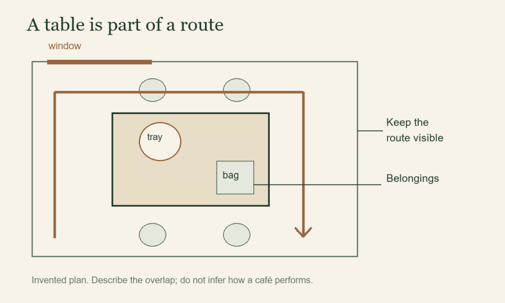 An invented café plan marks a table, window, chairs, tray, bag and a route around the table; the drawing separates spaces used by objects and circulation.
