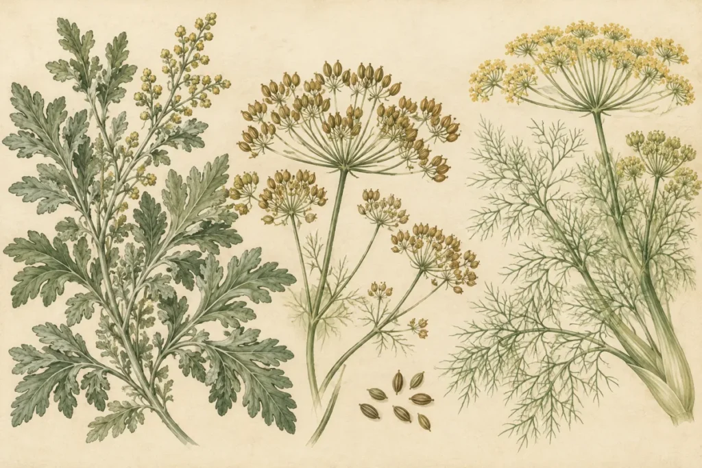 Original decorative botanical illustration of wormwood, anise and fennel.